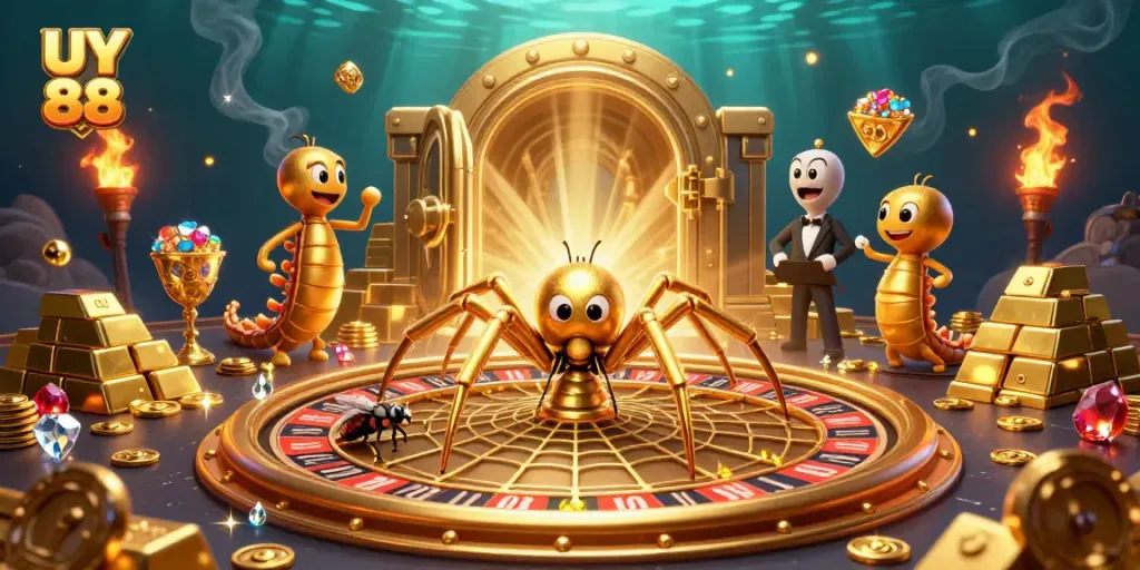 Experience the excitement of UY 88 with a golden spider web roulette scene filled with treasures.