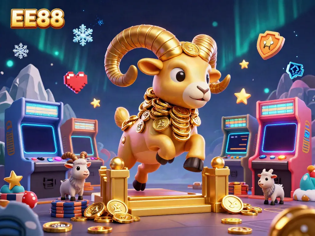 Engage with EE88's vibrant casino experience featuring a charging golden ram and arcade elements.