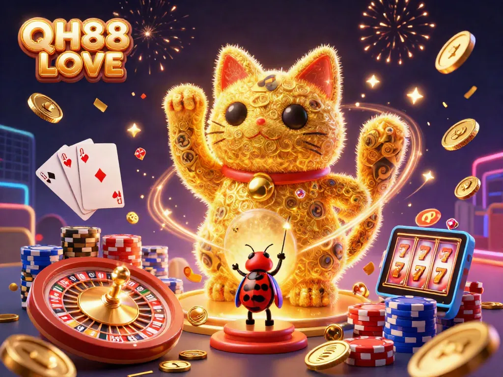 Engage with QH88 LOVE's vibrant casino scene featuring a lucky cat and dynamic gaming elements.