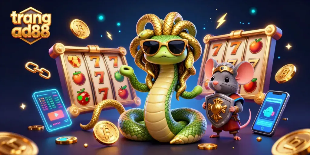 Engage in thrilling gameplay with trang ad88's vibrant casino scene featuring Medusa and a warrior mouse.