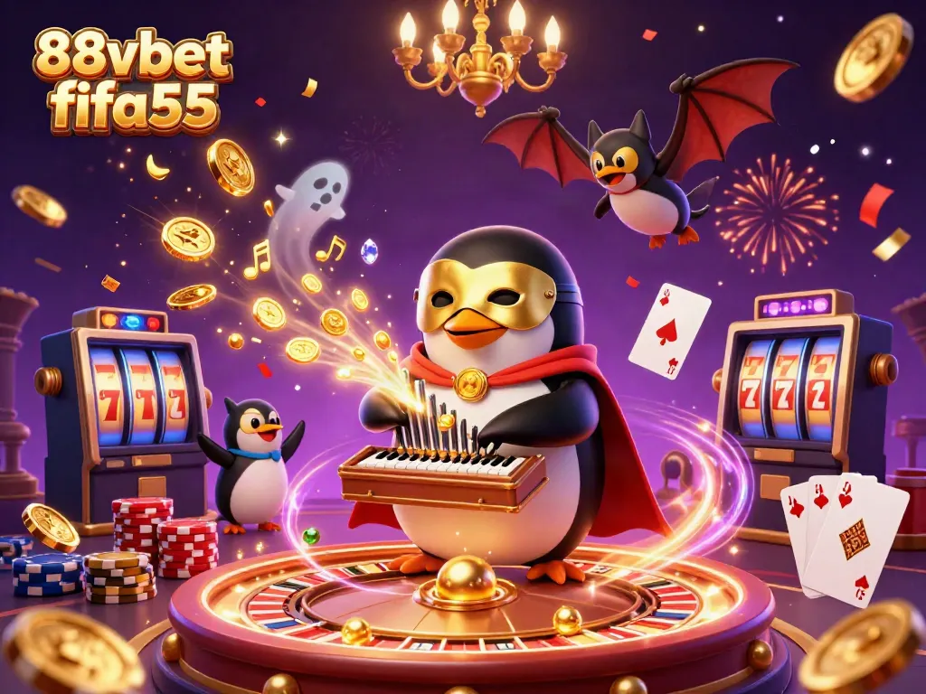 Engage in thrilling gaming with 88vbet fifa55, featuring a whimsical penguin and casino elements.