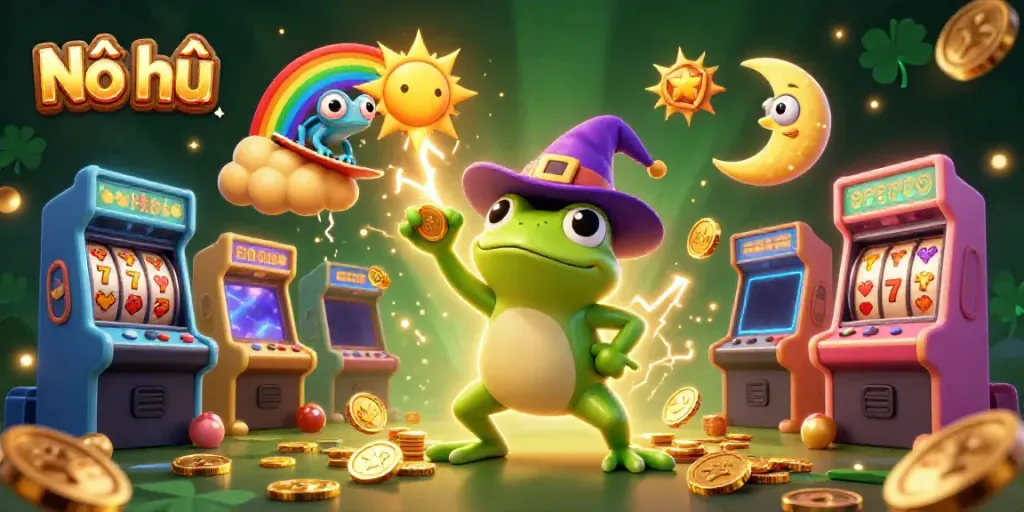 Experience the excitement of Nổ hũ with froggy wizard creating golden coin storms amidst thrilling game elements.