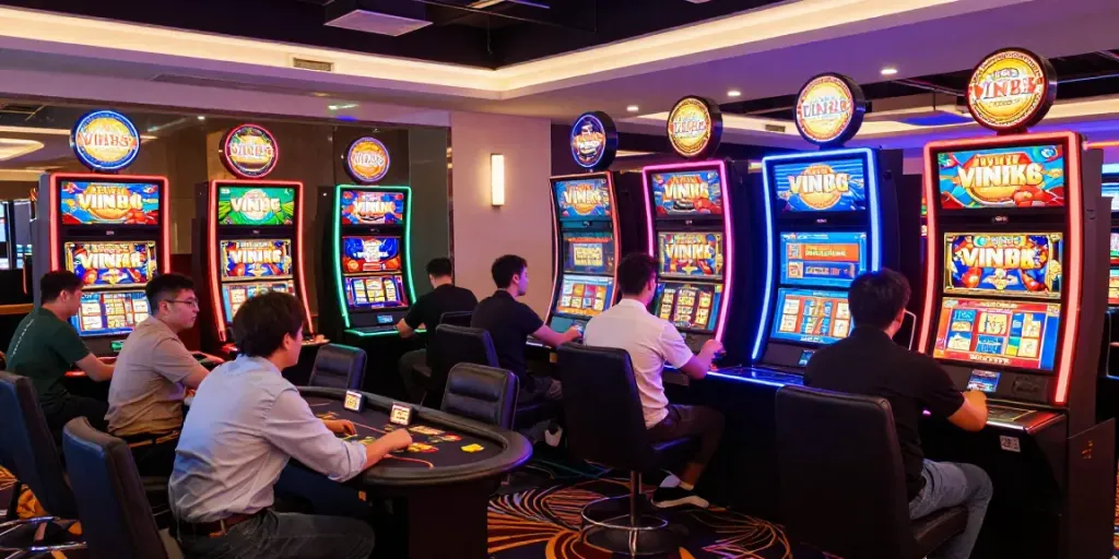 Exciting VIN88 online gambling experience with diverse players at a modern casino.
