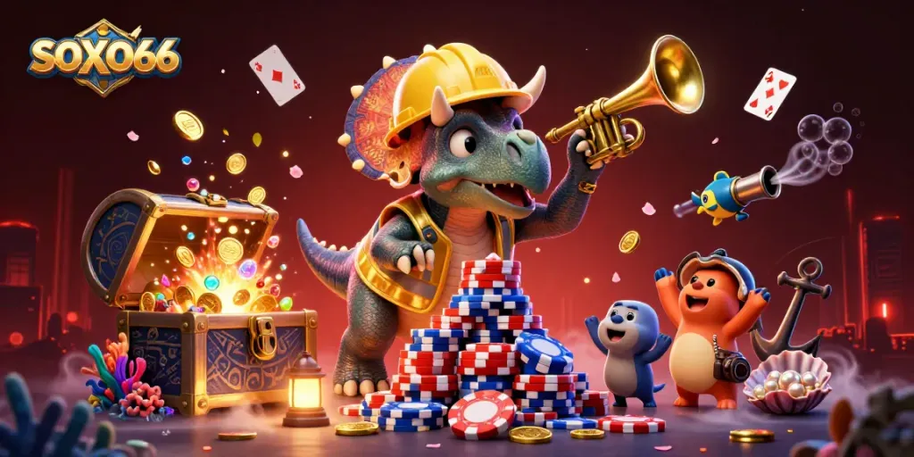 Experience SOXO66 with a 3D cartoon triceratops and friends building poker chips in a vibrant casino scene