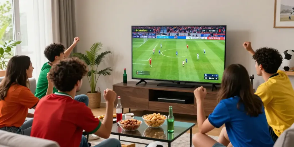 Cakhiatv live soccer match viewing party with fans celebrating in a vibrant living room.