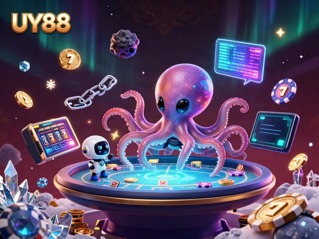 Experience UY88's immersive 3D casino adventure with a vibrant octopus and robot playing poker.
