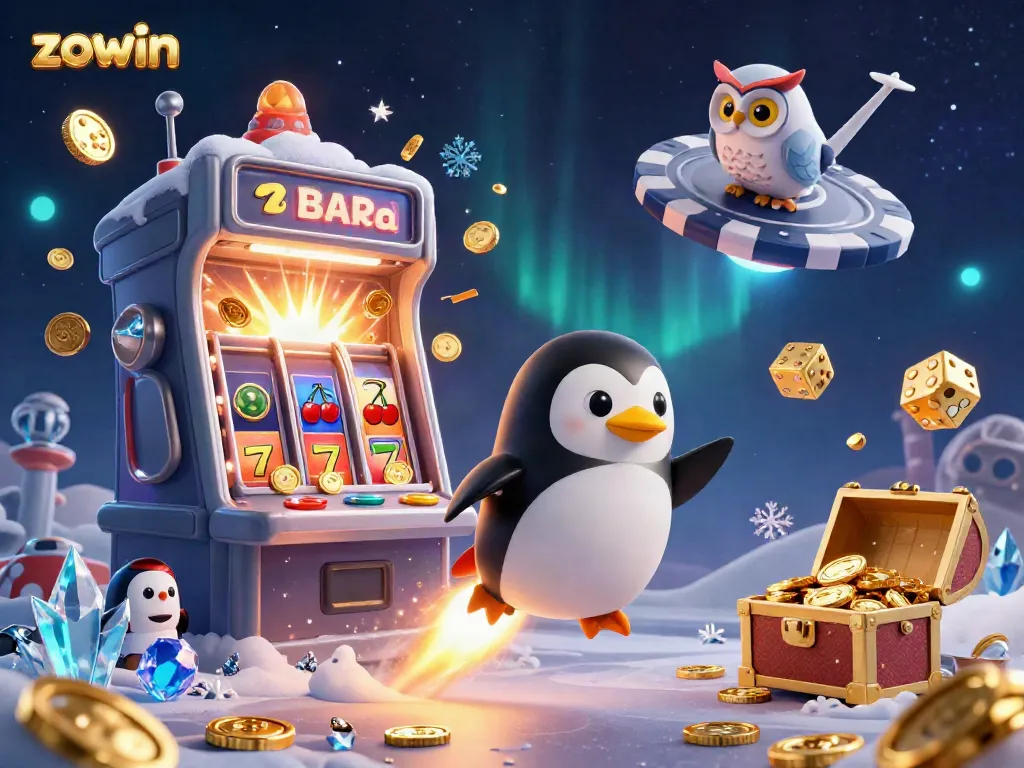Zowin's immersive casino universe featuring dynamic gameplay elements and a golden penguin character.
