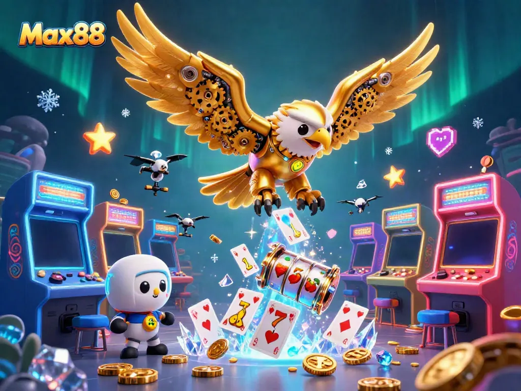 Visualize a dynamic scene of Max88 with a golden eagle, holographic cards, and arcade elements.