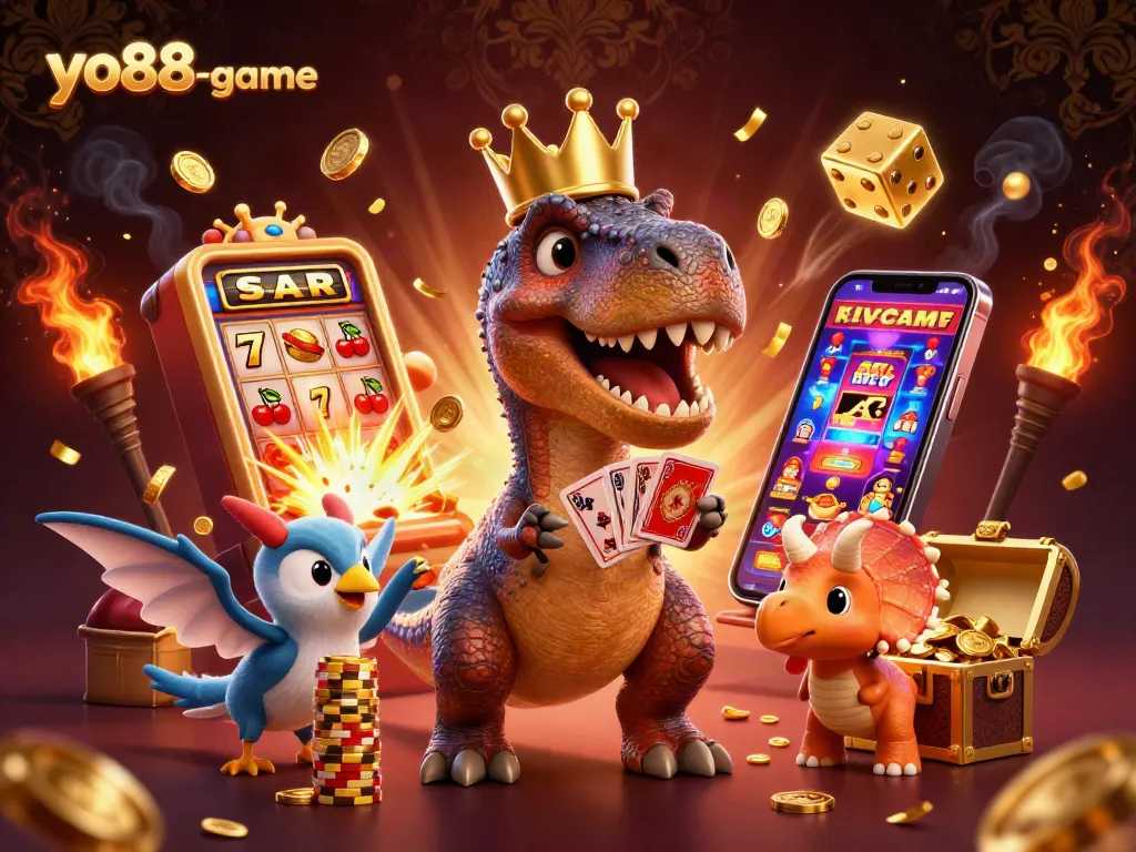 Experience the excitement of yo88-game as a friendly T-Rex shuffles cards and wins big in a vibrant casino!