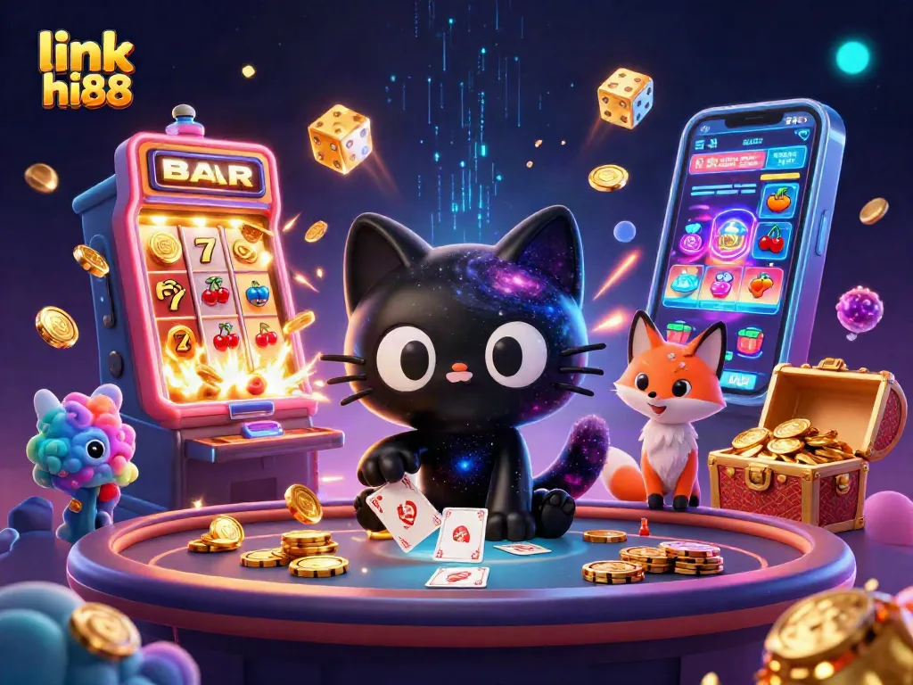 Engage with link hi88 at a vibrant cosmic casino featuring a black hole cat and a nebula fox.