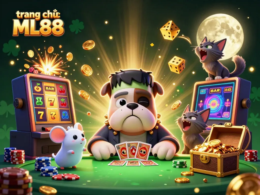 Experience thrilling adventures at trang chủ ML88 with a spooky interactive casino scene featuring lively characters and exciting game elements.
