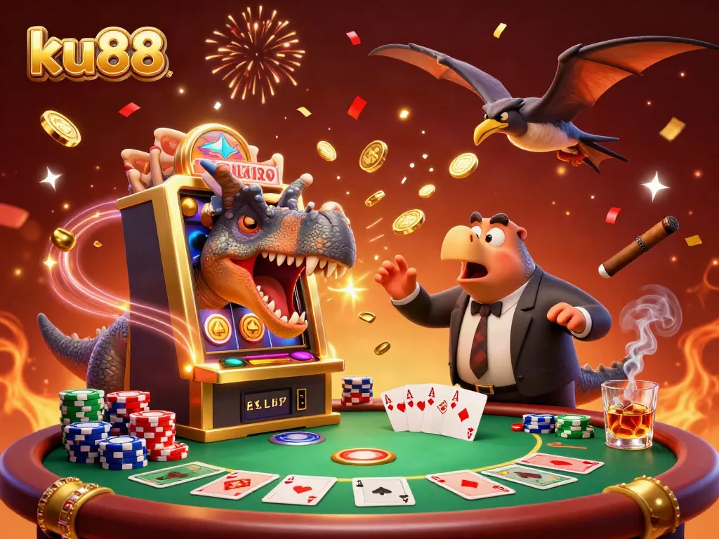 Engage in thrilling gameplay at ku88 with a dynamite 3D scene featuring cartoon dinosaurs and a golden slot machine.