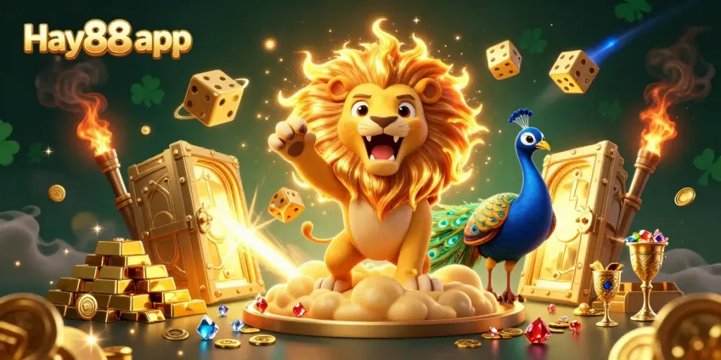 Experience thrilling games with the Hay88 app amidst dazzling gold treasures and cosmic elements.
