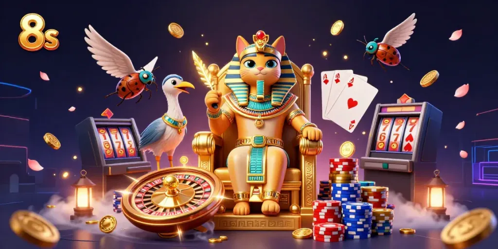 Experience the thrilling world of 8s, where a pharaoh cat rules over dazzling casino riches and excitement.
