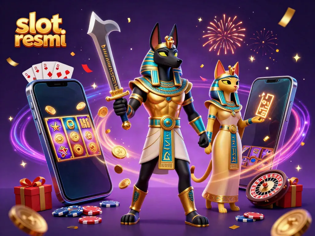 Experience exhilarating wins with slot resmi as Anubis and Bastet celebrate in a vibrant casino scene.