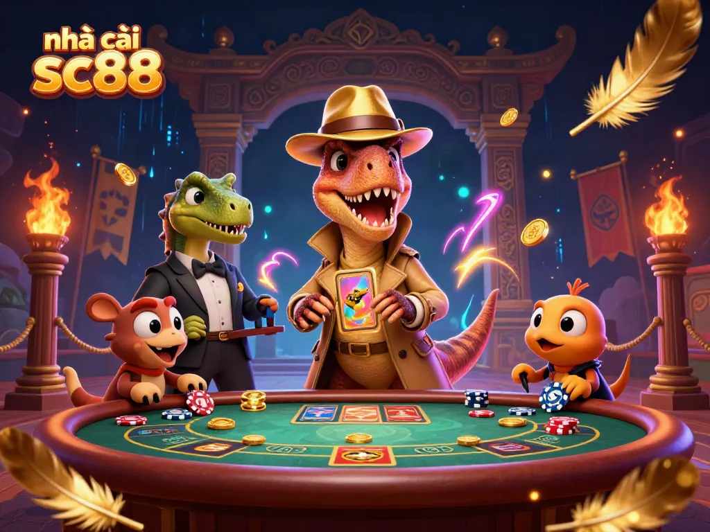 Experience thrilling gameplay at nhà cái sc88 with a colorful illustration of casino characters engaging at a blackjack table.