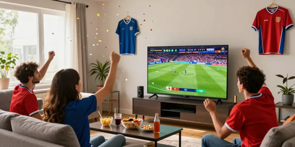 Excited fans watching a live football match on TV, showcasing cakhiatv experience with vibrant decorations and snacks.