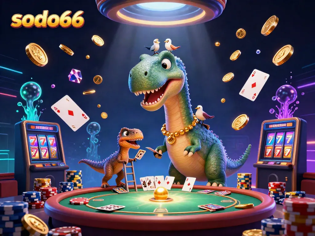 Engage in thrilling games at sodo66 with a vibrant 3D casino scene showcasing dynamic gameplay elements.