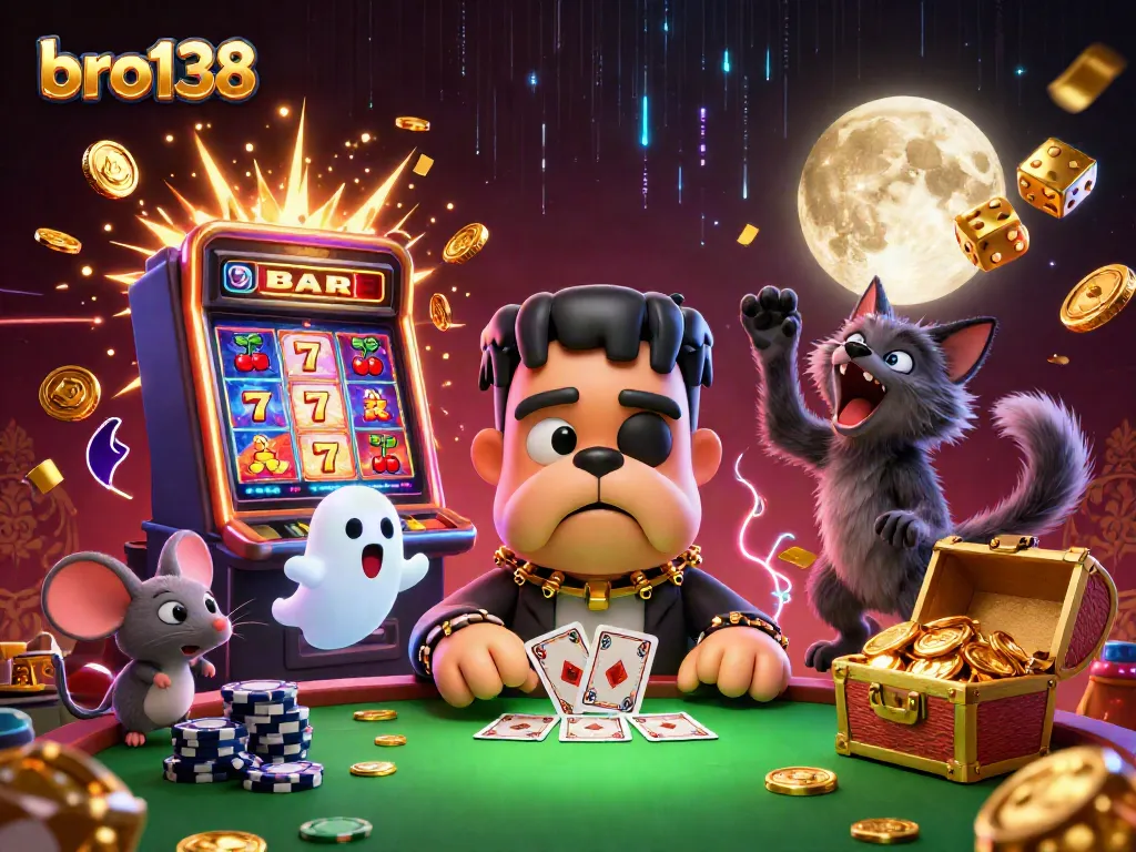 bro138 reveals a vibrant casino scene with a cartoon monster dealing cards and dynamic game elements.