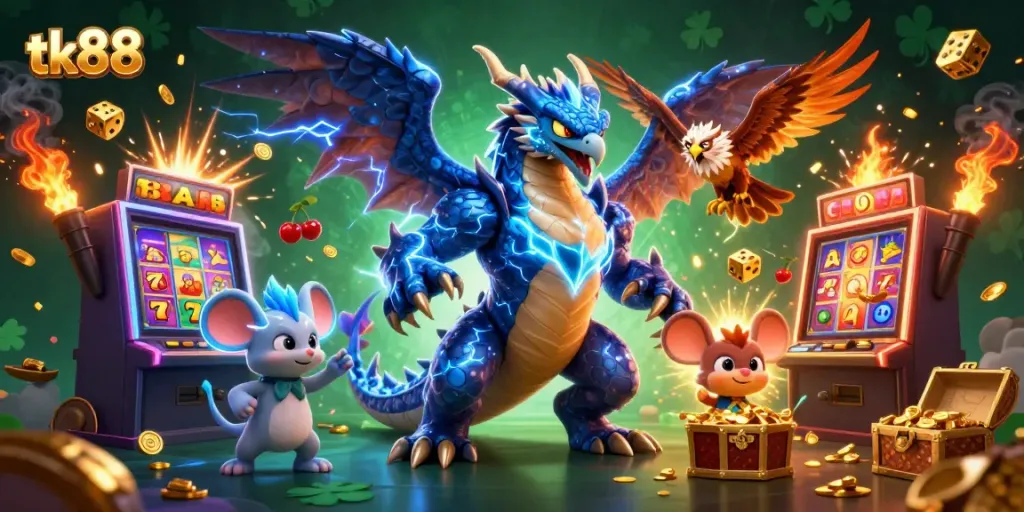 Experience the electric excitement at tk88 with a thunder dragon and vibrant casino themes.