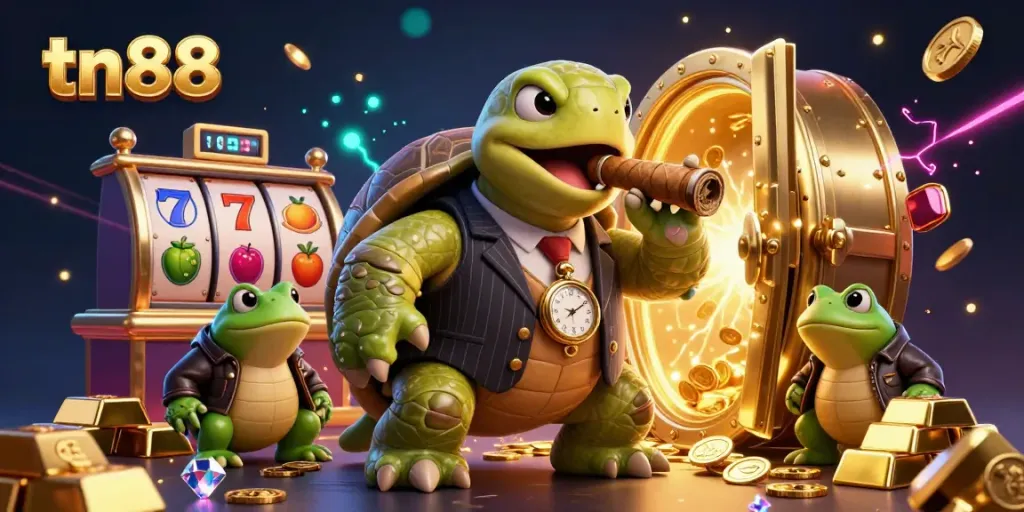 Engage with tn88's vibrant casino world featuring a cartoon turtle in a vintage suit among slot reels.