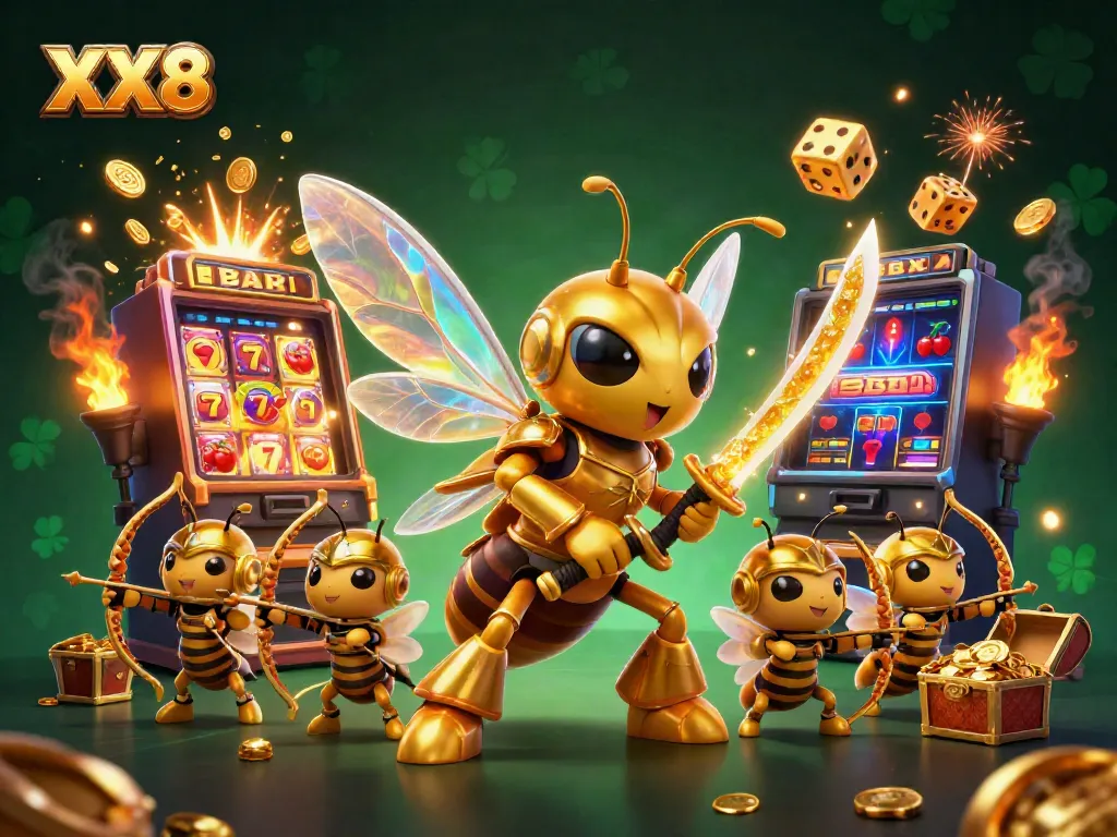 Experience exhilarating casino excitement with the dynamic XX8 illustration featuring golden hornets and vibrant slot elements.