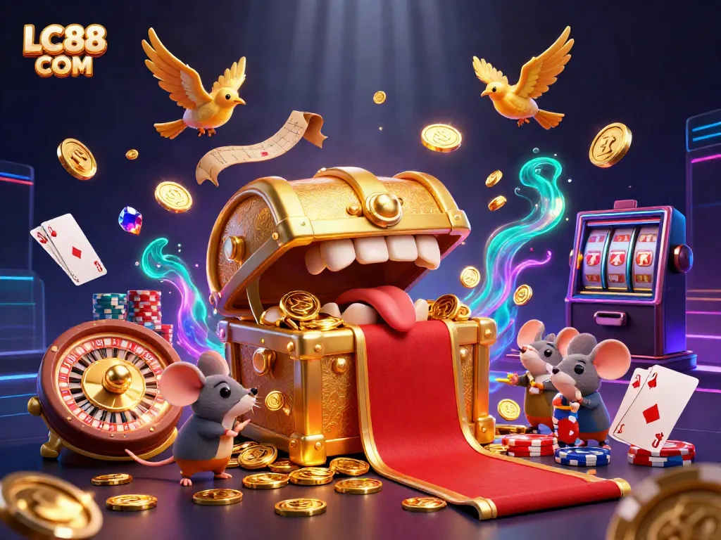 Engage with the LC88 COM adventure featuring a golden treasure chest and casino icons.