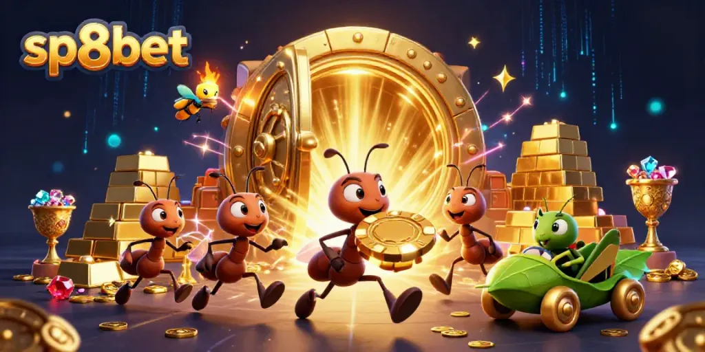 Ants heist at sp8bet casino, showcasing a vibrant dynamic casino scene with gold poker chip.