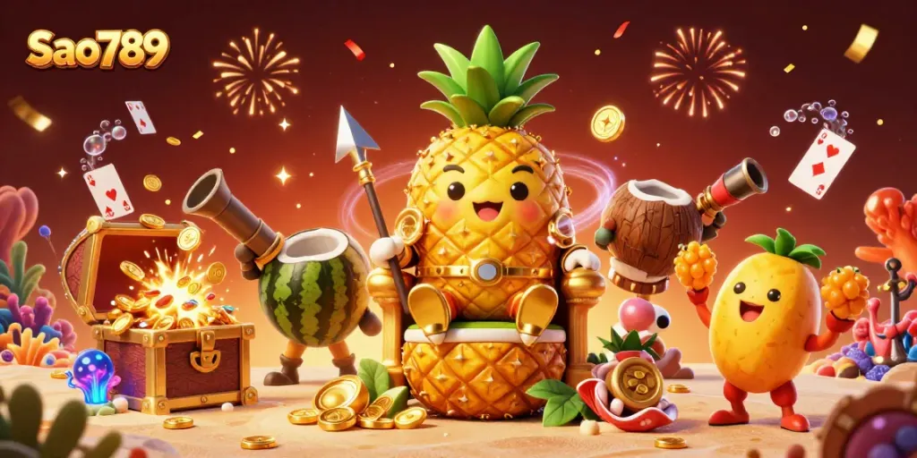 Sao789 hosts a vibrant beach casino scene with a golden pineapple king and treasure elements.
