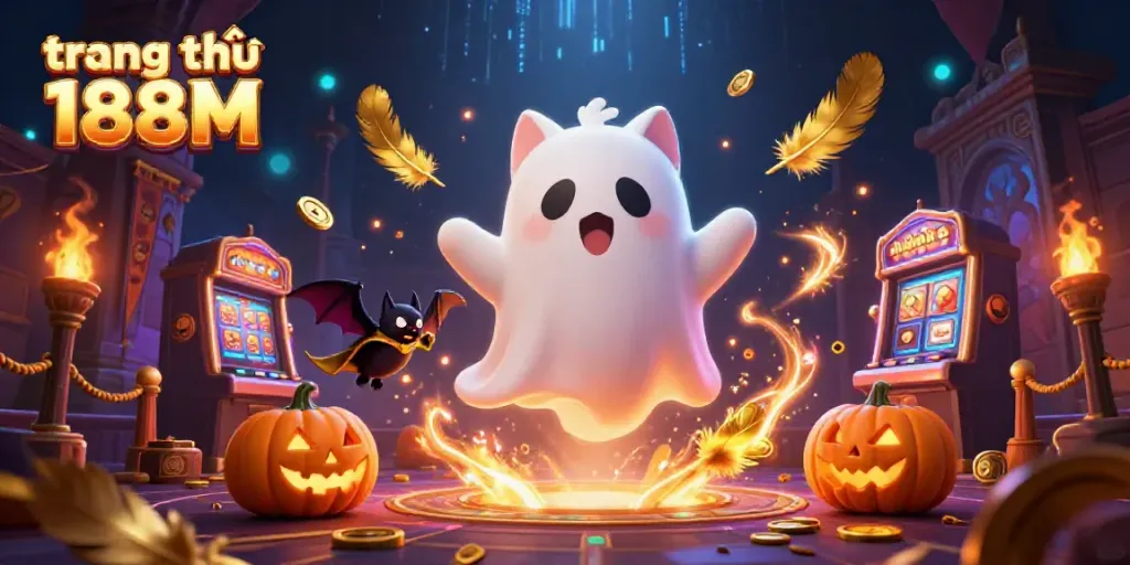 Engage with the thrilling atmosphere of trang chủ 188M featuring a ghost cat and glowing poker elements.