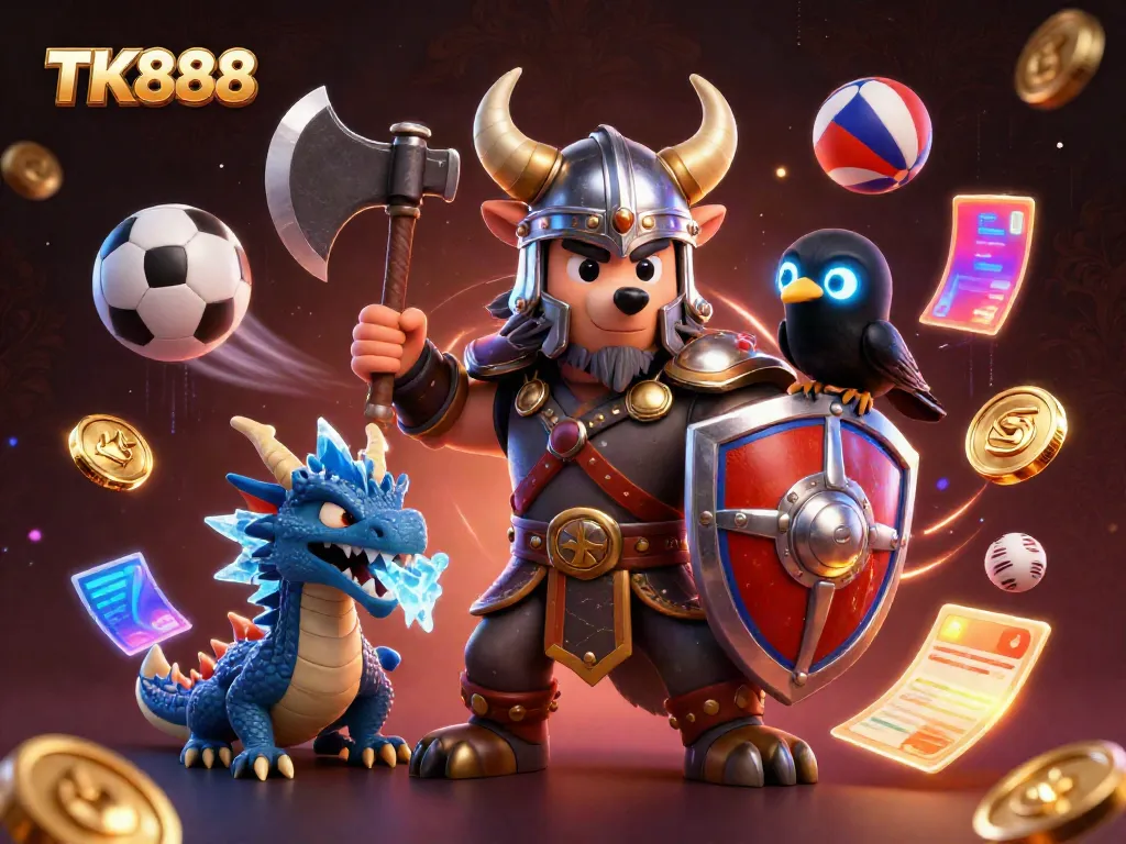 Engage in thrilling gameplay at TK888 with a spirited Viking wolf warrior, fierce dragon, and playful raven amidst dynamic sports elements.