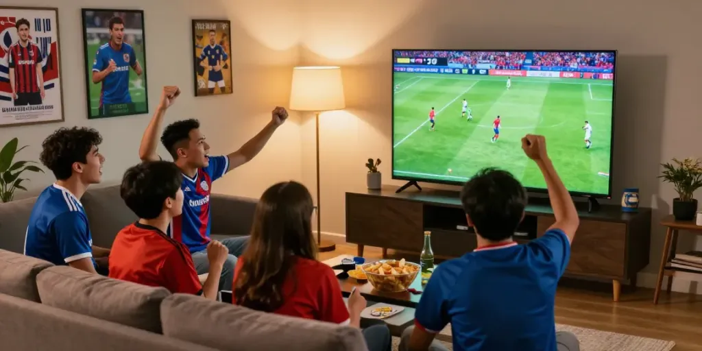 Fans enjoying a live GavangTV soccer match in a cozy living room.