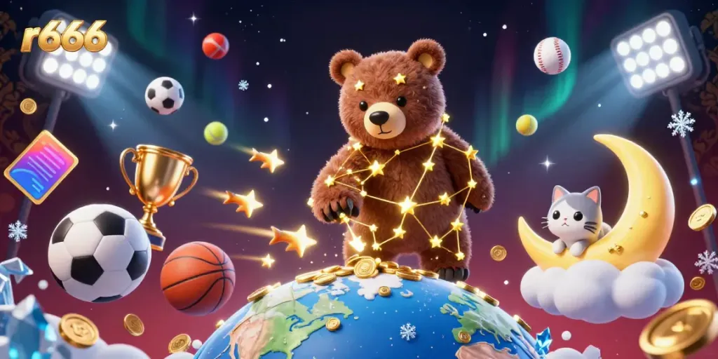 Experience thrilling moments with r666's 3D constellation bear and vibrant casino elements.