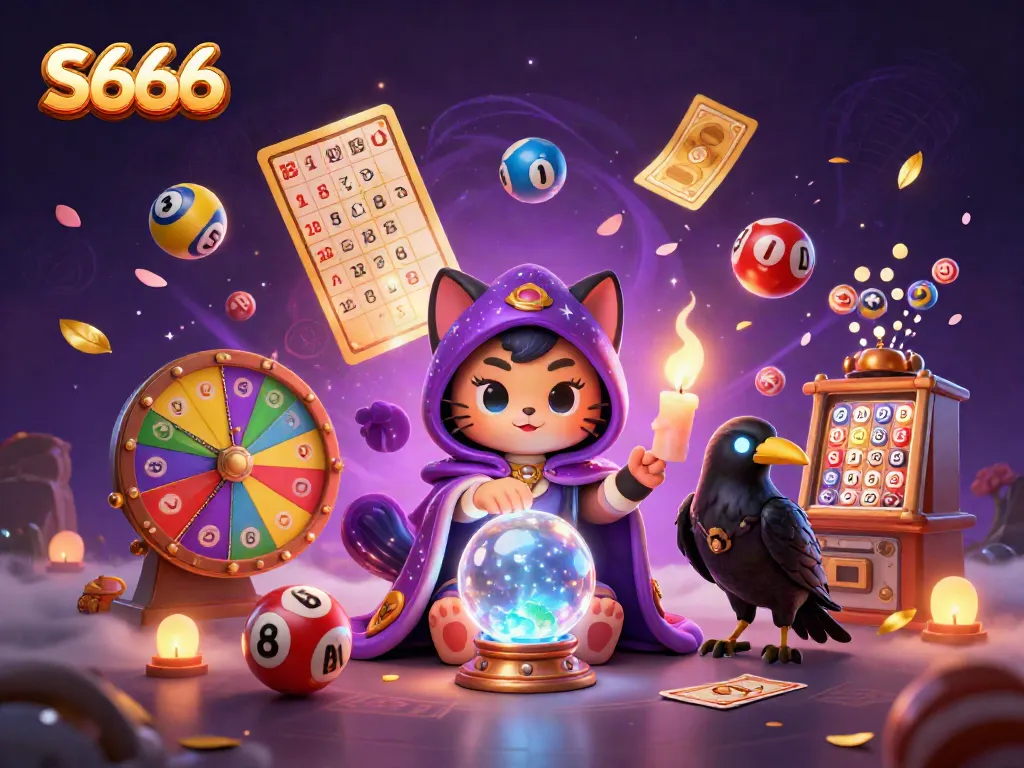 Engage in thrilling games at S666, featuring a mystical cat, glowing raven, and dynamic lottery balls.