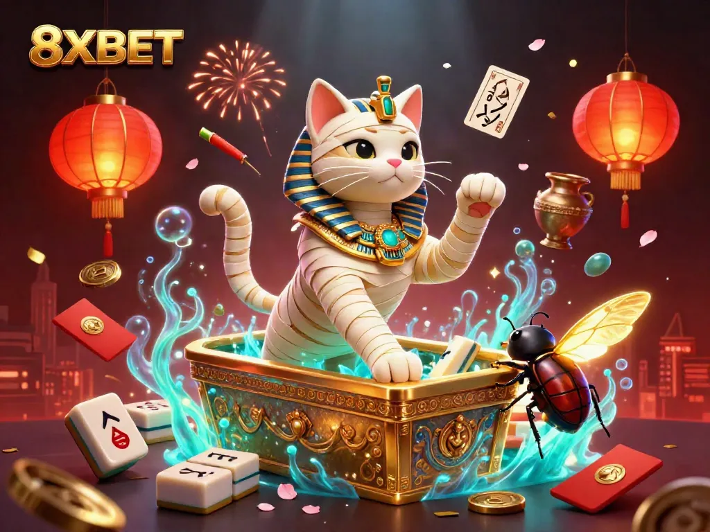 Experience the exhilarating world of 8XBET with a vibrant illustration showcasing a mummy cat and scarab beetle in a golden casino environment.