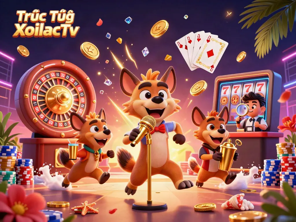 Engage with Trực Tiếp XoilacTv featuring funny hyenas in a vibrant casino scene.