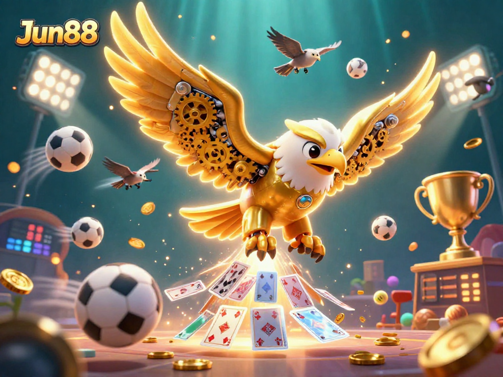Engage with Jun88's dynamic betting action featuring a diving golden eagle amidst vibrant sports elements.