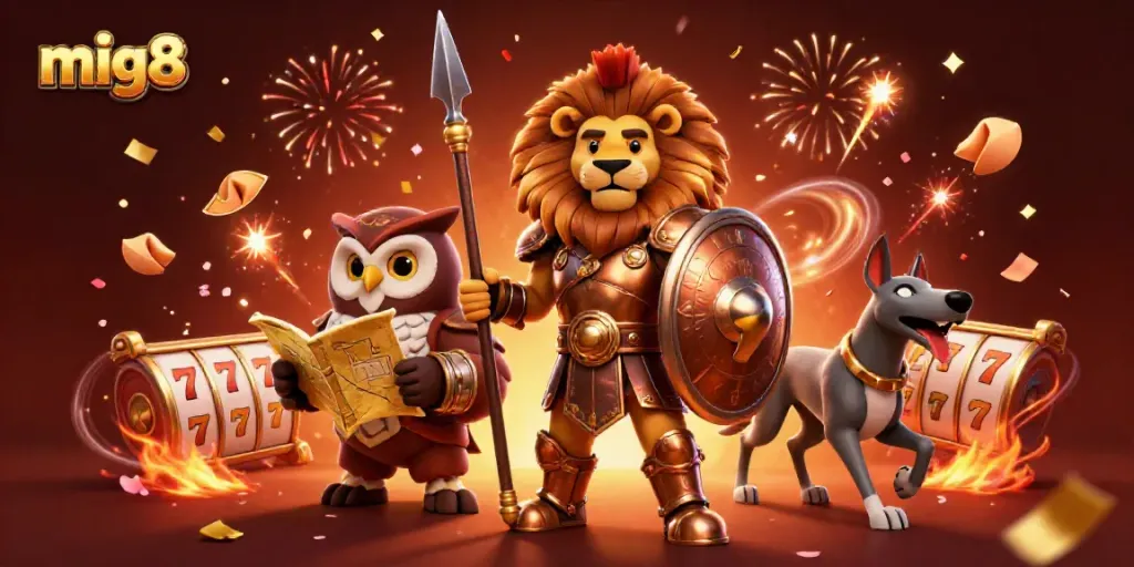 Experience the excitement at mig8 with a vibrant 3D casino celebration featuring a Spartan lion, tactical owl, and swift greyhound amidst spinning slot reels.