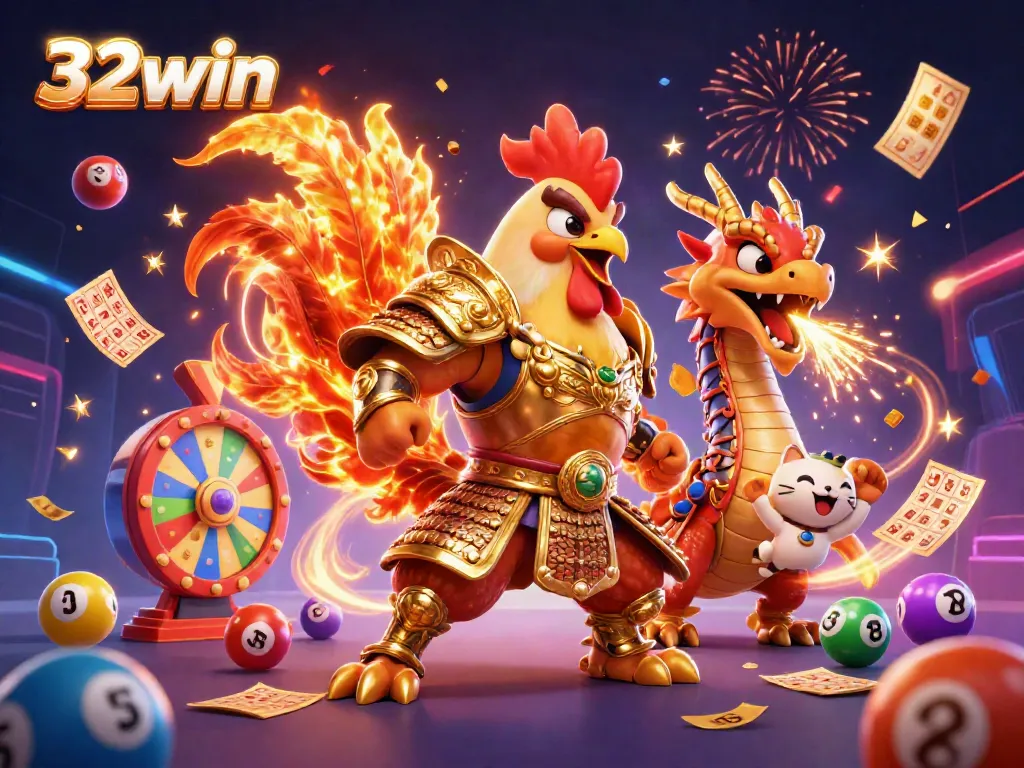 Experience thrilling gaming excitement at 32win with cartoon warriors and vibrant casino elements