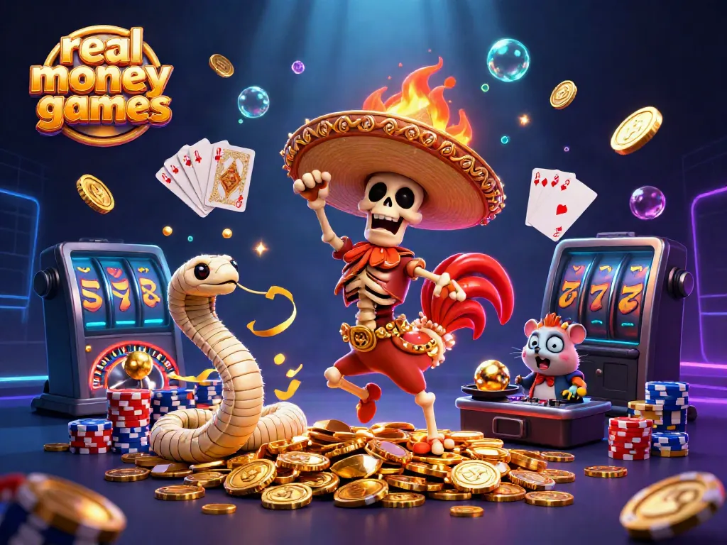 Experience thrilling real money casino games with a festive 3D illustration showcasing colorful characters surrounded by gold coins and casino elements.