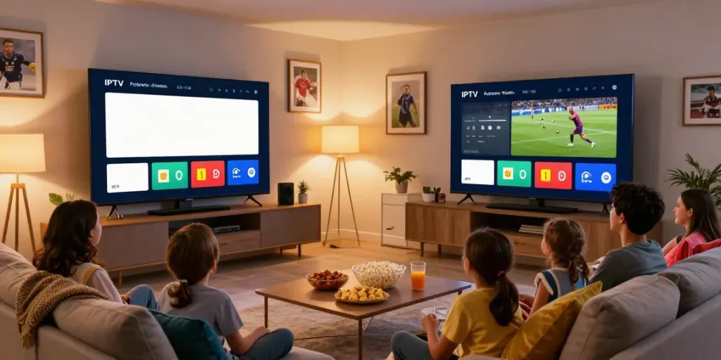 Family enjoying IPTV Providers live sports in a cozy living room.