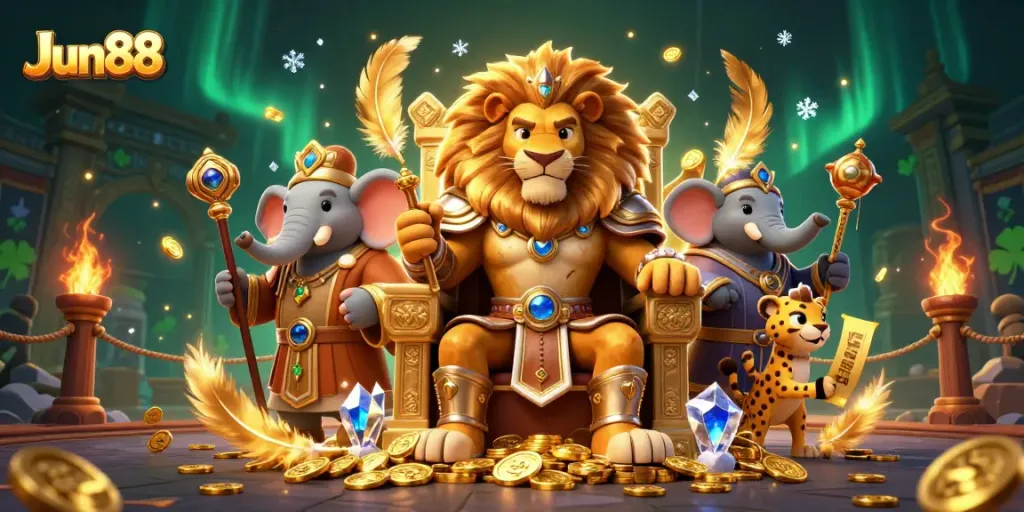 Play thrilling games at Jun88 with a lion king, elephant advisor, and cheetah messenger.