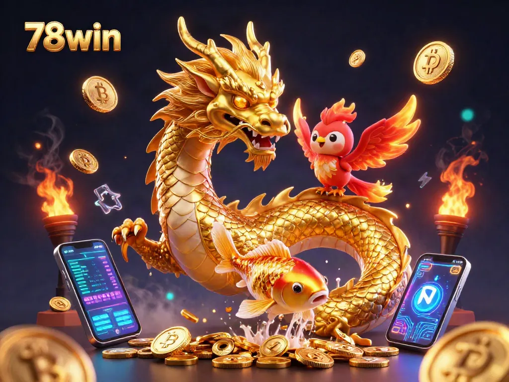 Engage in thrilling gameplay with 78win as a majestic dragon, phoenix, and koi fish fill the scene.