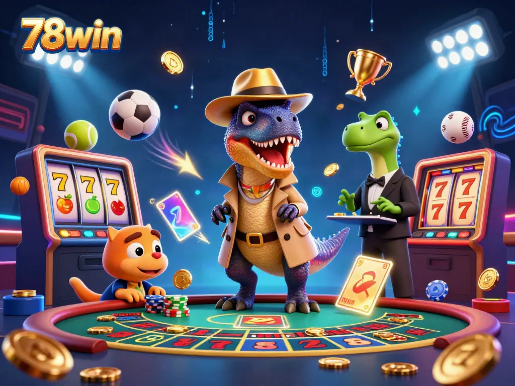 Experience thrilling action at 78win with a velociraptor card counter and a stegosaurus boss in a vibrant casino scene.