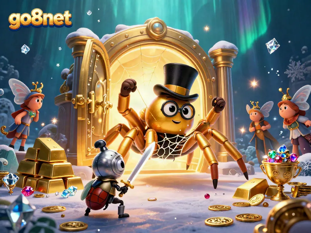Go8net showcases a whimsical casino scene with tarantula and knight amid treasures and excitement.
