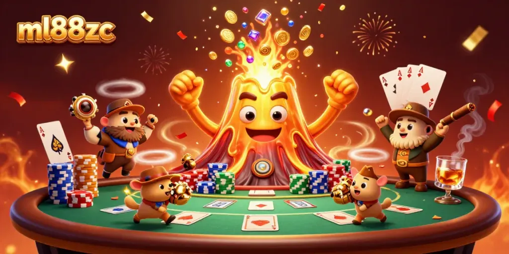 Experience the excitement of ml88zc with a triumphant volcano and explorer animals amidst vibrant casino elements.