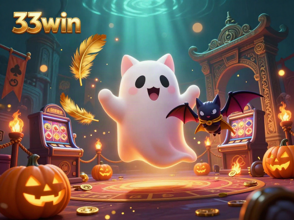 Engage with 33win through a vibrant scene of a ghost cat and vampire bat in a haunted casino.