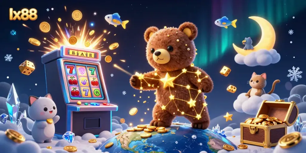 Experience the excitement of lx88 with cartoon characters and casino elements, featuring a jackpot explosion and playful motifs.