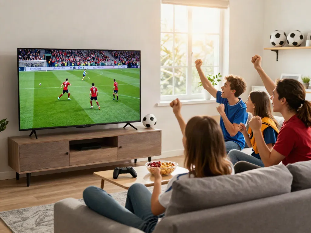 Friends enjoying a live CakhiaTV football match in a lively living room.