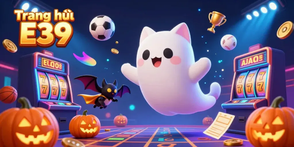Engage with the exciting world of Trang chủ E39 in this vibrant casino scene featuring a ghost cat and gaming elements.